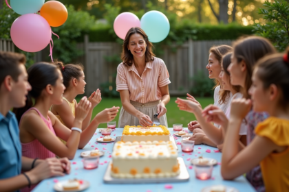 Groupe d'adultes et adolescents autour d'une table festive en extérieur