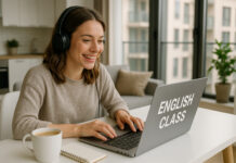 Jeune femme souriante en ligne d'anglais dans un appartement lumineux