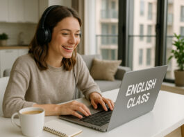 Jeune femme souriante en ligne d'anglais dans un appartement lumineux