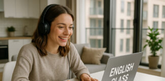 Jeune femme souriante en ligne d'anglais dans un appartement lumineux