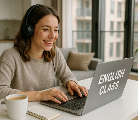 Jeune femme souriante en ligne d'anglais dans un appartement lumineux