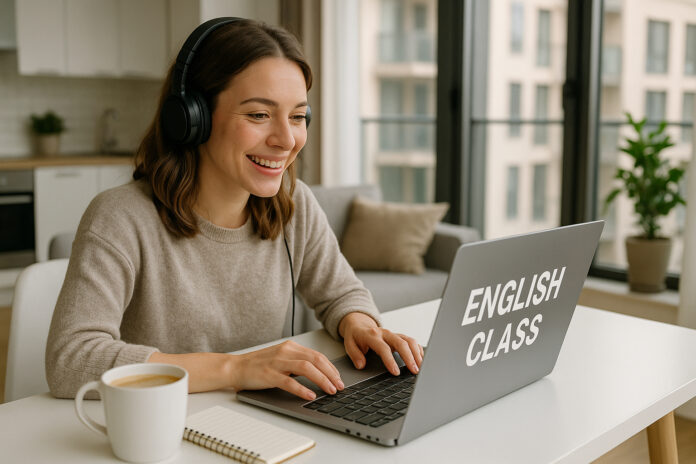 Jeune femme souriante en ligne d'anglais dans un appartement lumineux