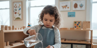 Méthode Montessori : des outils concrets pour favoriser l’autonomie des enfants Jeune fille de 4 ans versant de l'eau dans un verre en classe Montessori