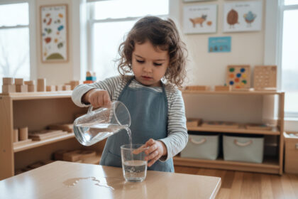 Jeune fille de 4 ans versant de l'eau dans un verre en classe Montessori