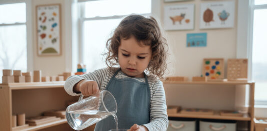 Méthode Montessori : des outils concrets pour favoriser l’autonomie des enfants Jeune fille de 4 ans versant de l'eau dans un verre en classe Montessori