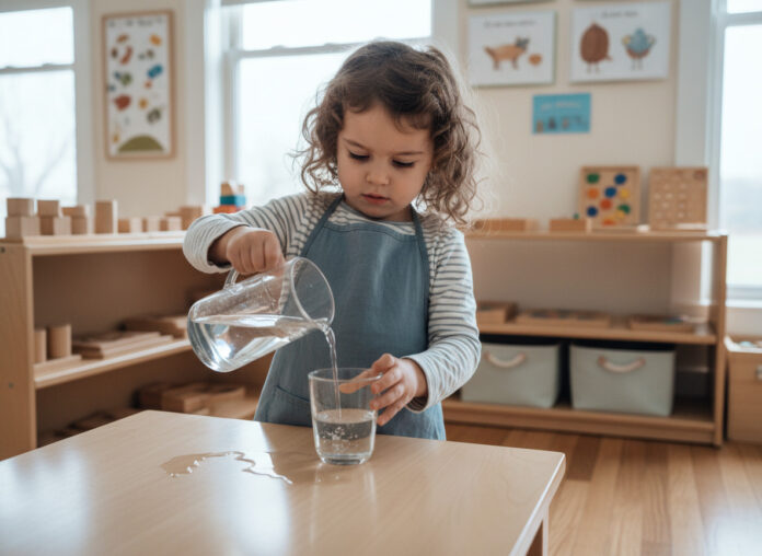 Jeune fille de 4 ans versant de l'eau dans un verre en classe Montessori