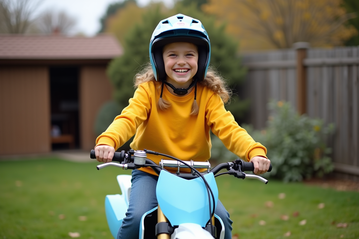 Fille de 16 ans souriante sur moto dans le jardin familial