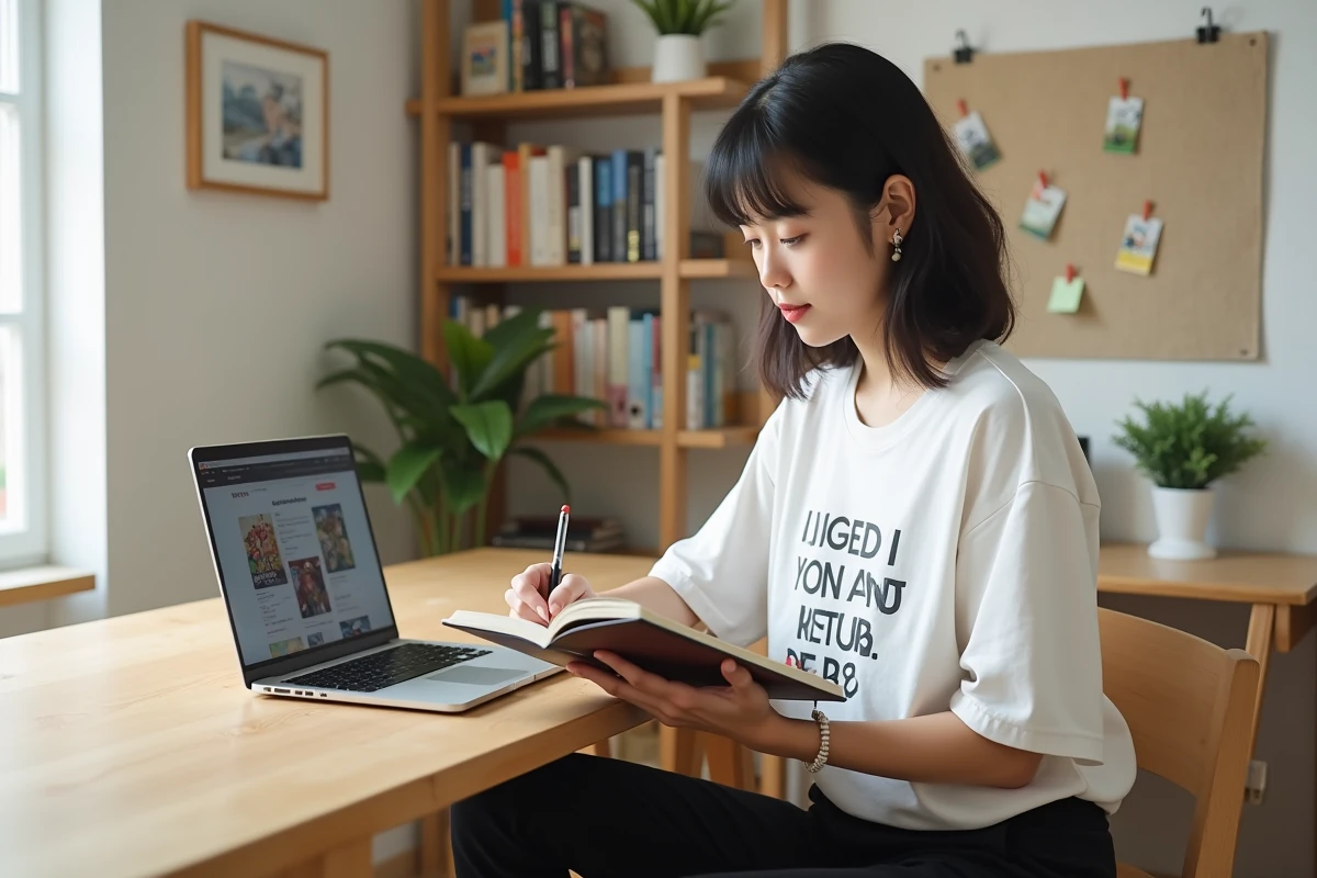 Jeune femme prenant des notes sur les chapitres de Demon Slayer devant un ordinateur portable dans un bureau minimaliste moderne