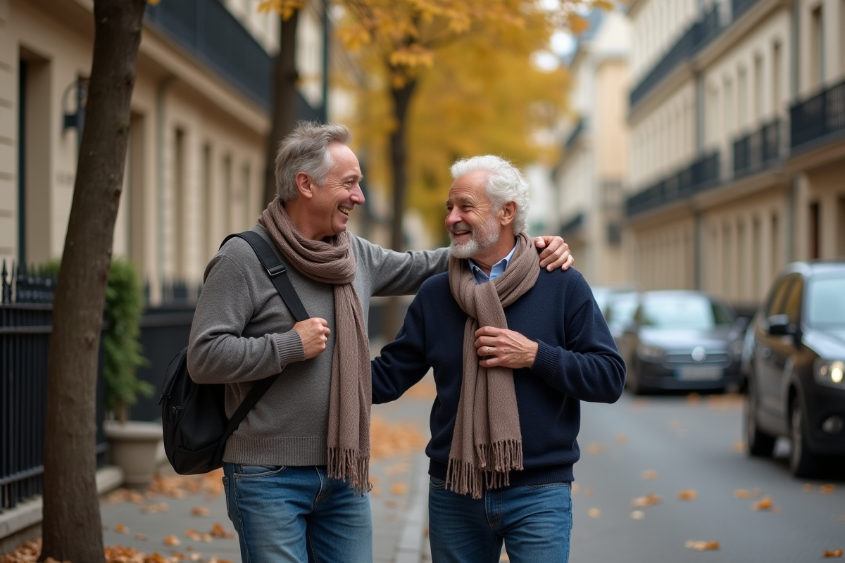 Fils aidant son père dans une rue parisienne en automne