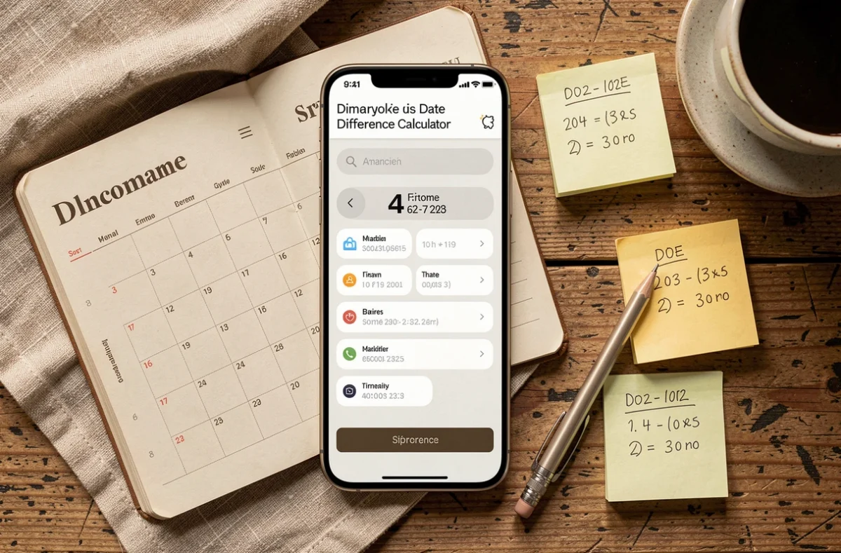 Vue de dessus d'un smartphone affichant un calculateur de différence de dates entouré d'un agenda papier et de notes manuscrites sur une table de café