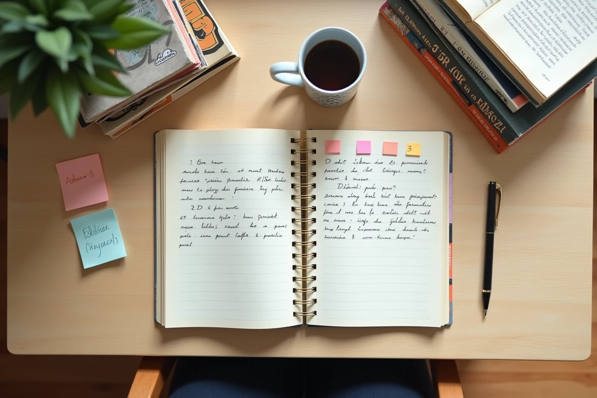 Vue aérienne d'une session d'organisation de lectures yaoi avec cahier de notes, marque-pages et volumes manga sur un bureau en bois