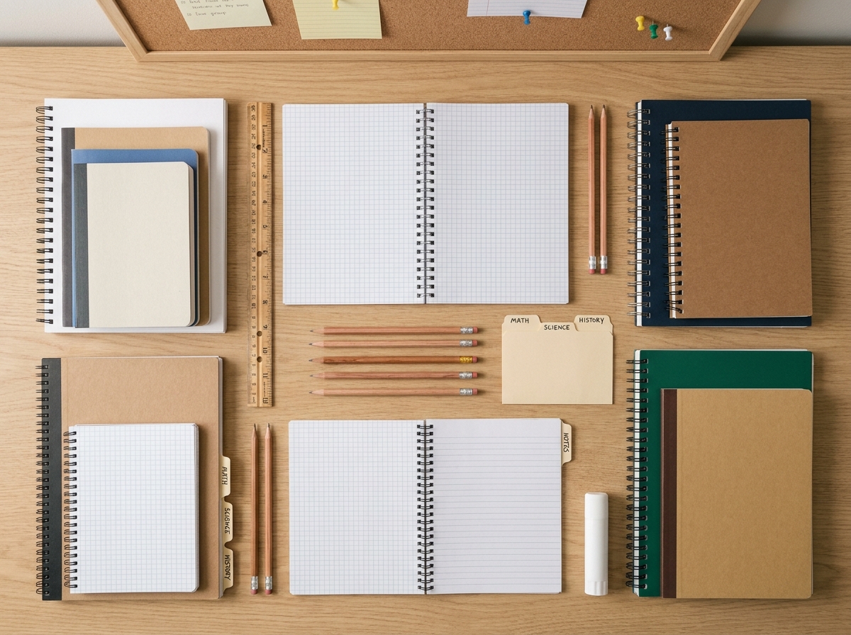 Vue de dessus d'une sélection de cahiers scolaires organisés sur un bureau en bois pour la rentrée