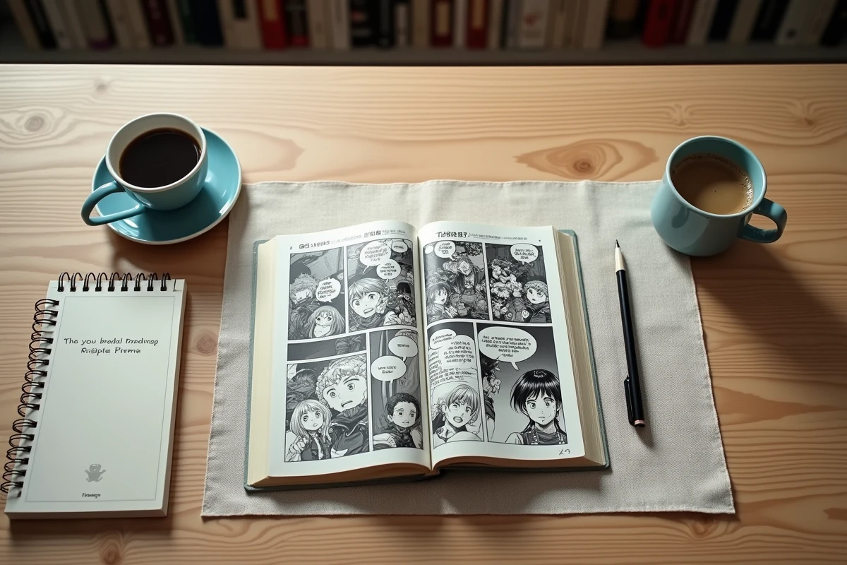 Vue de dessus d'un bureau avec un manga One Punch Man ouvert, un smartphone avec une application de lecture et un carnet de notes