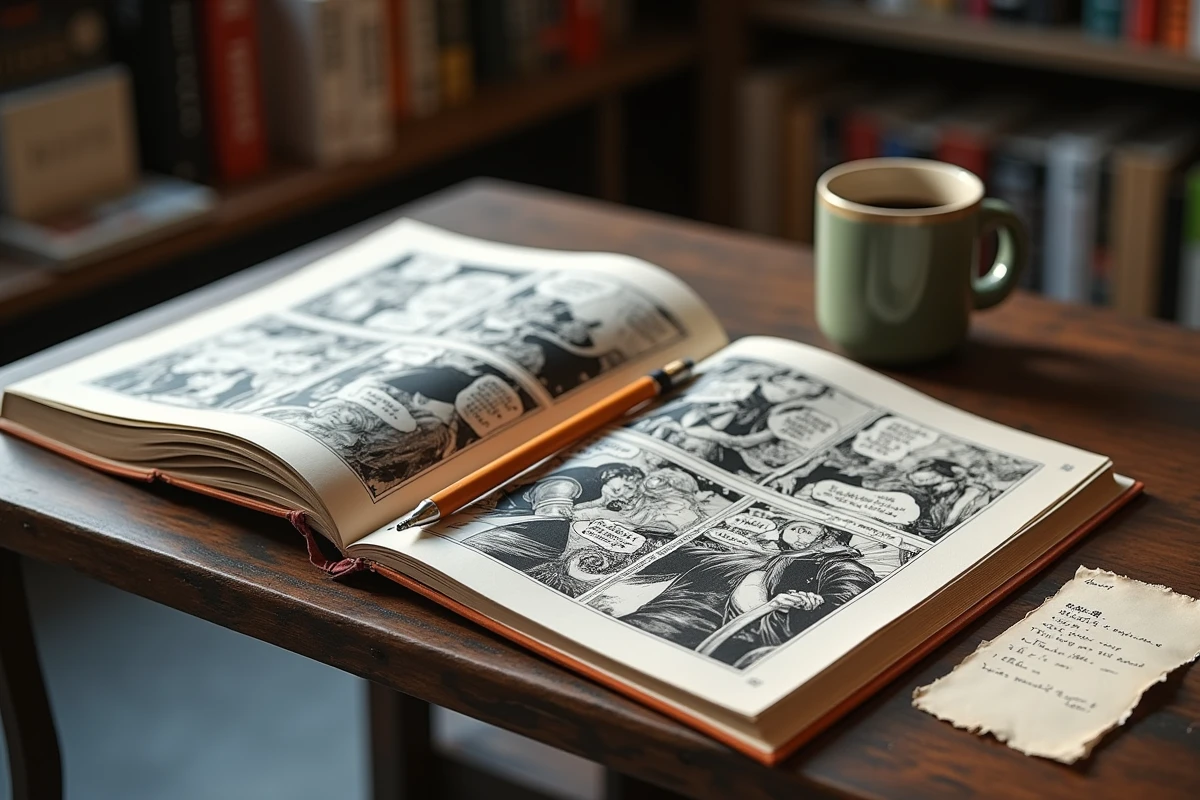 Vue du dessus de plusieurs volumes manga Demon Slayer ouverts sur une table en bois sombre avec un carnet de notes et une tasse de café