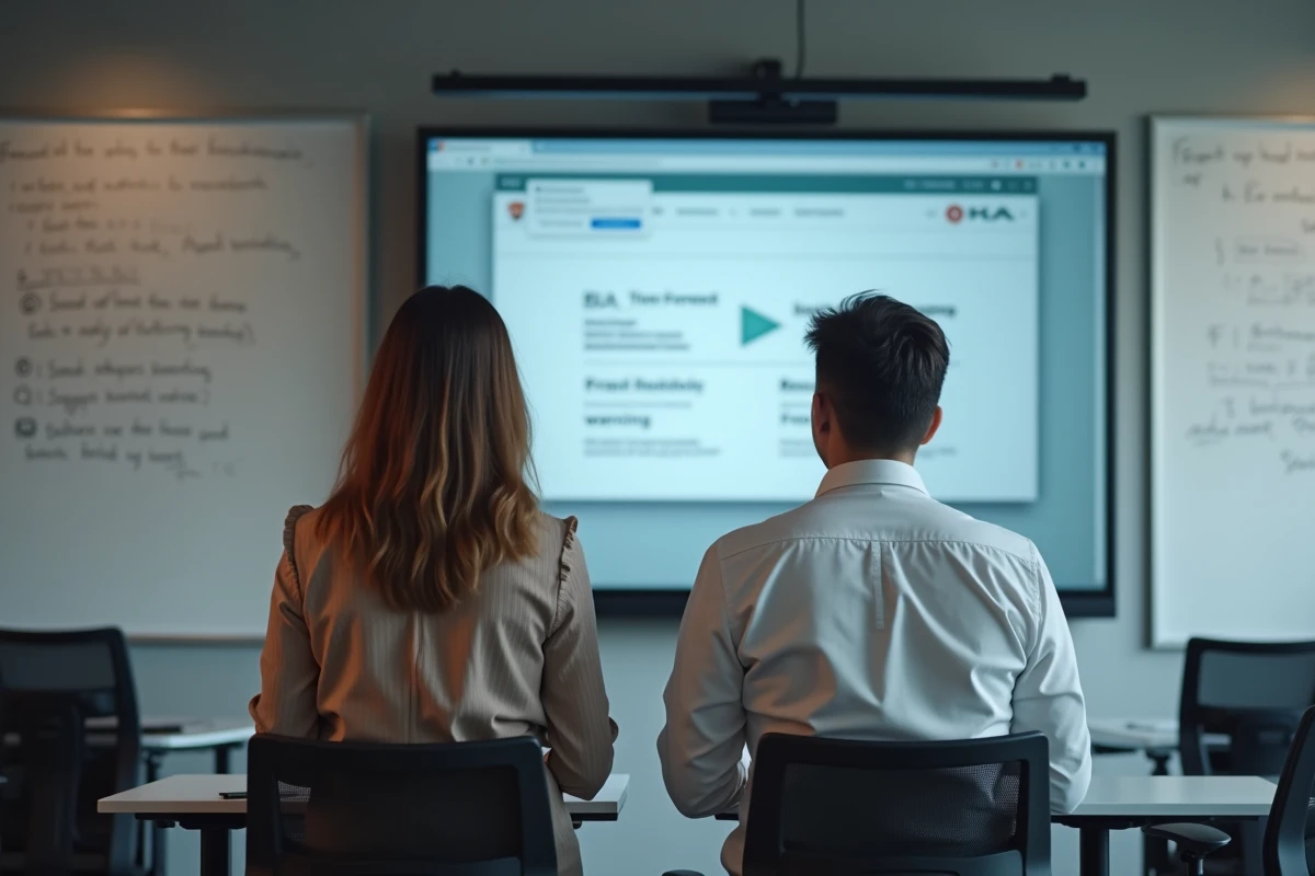 Deux collègues analysant des exemples de sites frauduleux lors d'une formation à la cybersécurité en entreprise