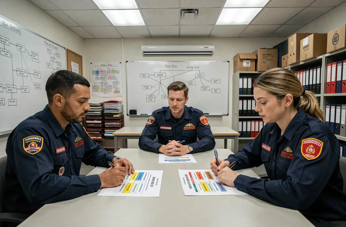 Groupe de pompiers étudiant les grades et la hiérarchie des sapeurs-pompiers lors d'une séance de formation