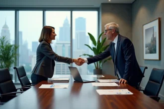 Deux dirigeants d'entreprise signant un accord de fusion lors d'une réunion dans une salle de conseil moderne avec vue sur la ville