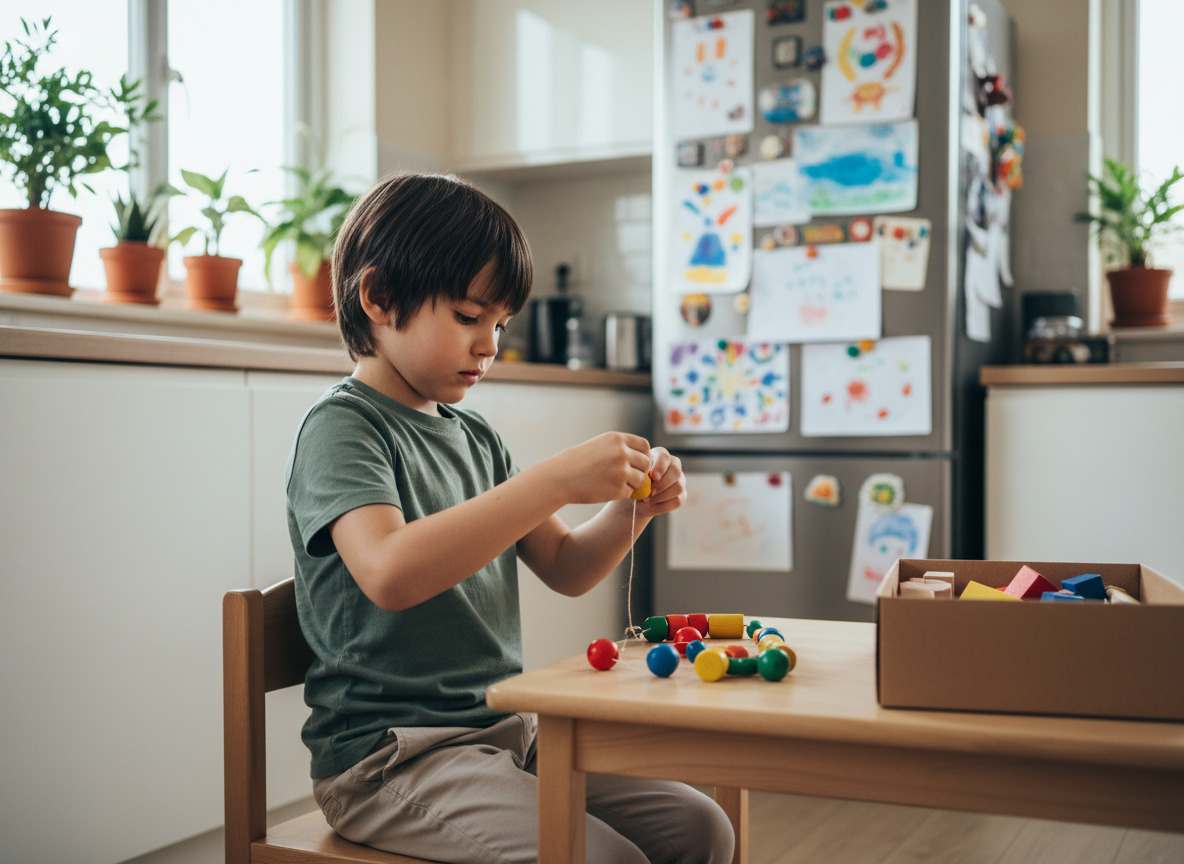 Garçon de 6 ans en cuisine enfilant des perles colorées