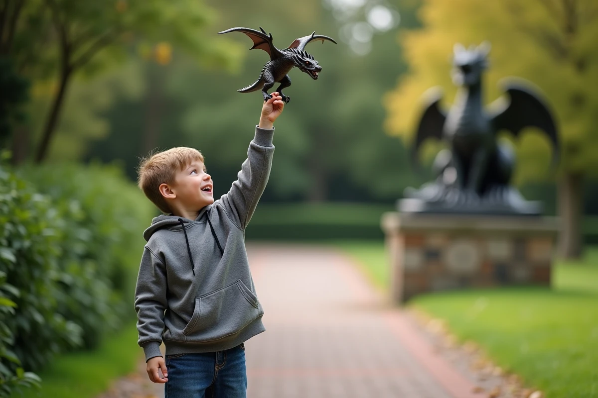 Garçon avec figurine de dragon dans un parc verdoyant
