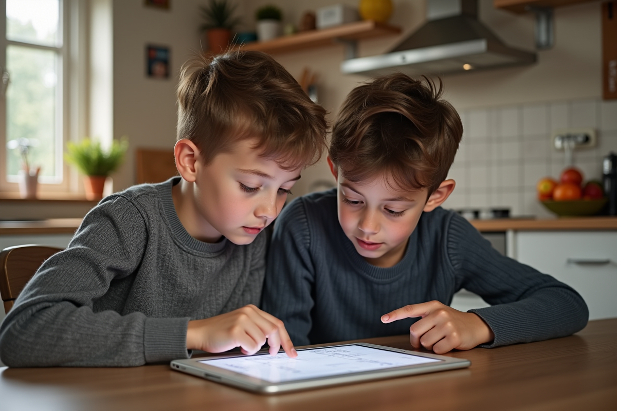 Deux garçons français regardant un rapport scolaire sur une tablette