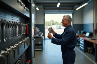 Rack à pneus bien organisé dans un atelier de mécanique