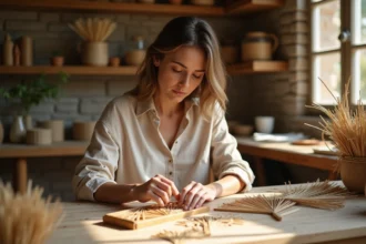 Marqueterie de paille artisanale mettant en valeur des motifs colorés