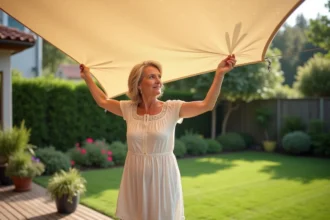Voile d’ombrage installé dans un jardin au printemps