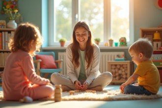 Professionnels de la petite enfance s'occupant d'enfants dans un cadre chaleureux