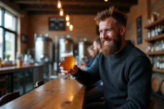 Bouteilles de bière artisanale française sur un fond rustique