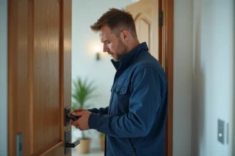 Serrurier en train d'évaluer une serrure dans un appartement