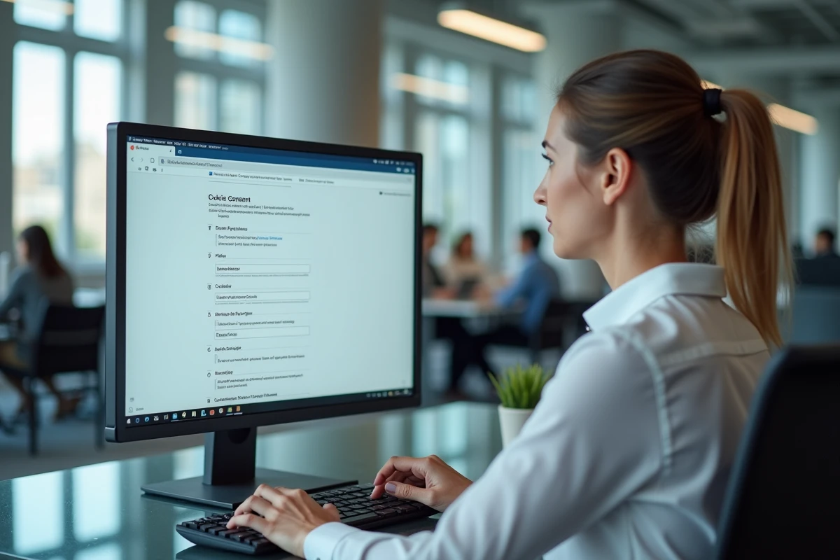 Femme en bureau professionnel gérant les paramètres de cookies et de confidentialité des données sur un ordinateur