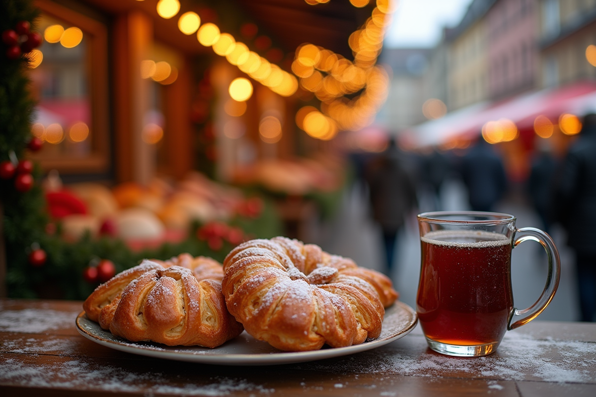 Gâteaux traditionnels et vin chaud sur table décorée au marché de Strasbourg