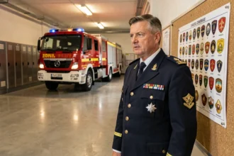 Pompier en uniforme examinant un tableau des grades de sapeurs-pompiers affiché dans une caserne
