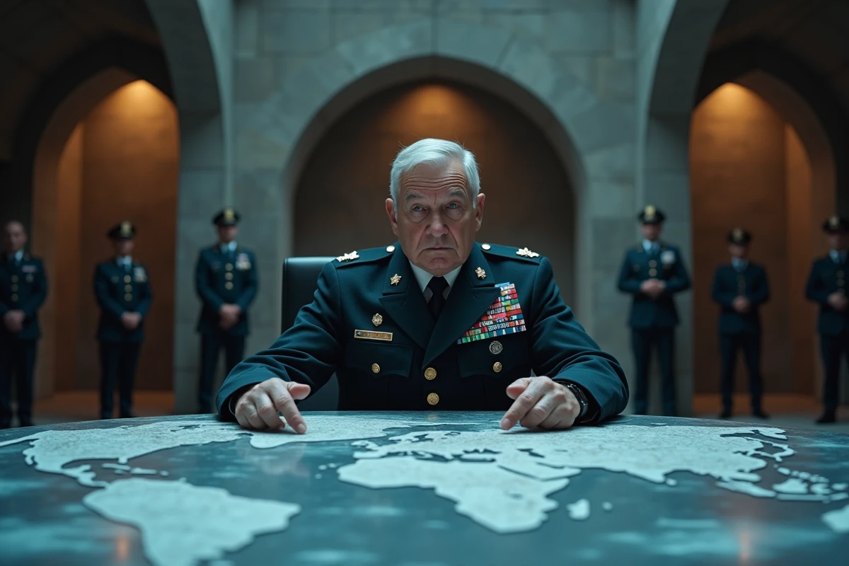 Un haut gradé militaire en uniforme sombre assis à une grande table de commandement, incarnant l'autorité stratégique et le contrôle politique au sein d'un empire fictif
