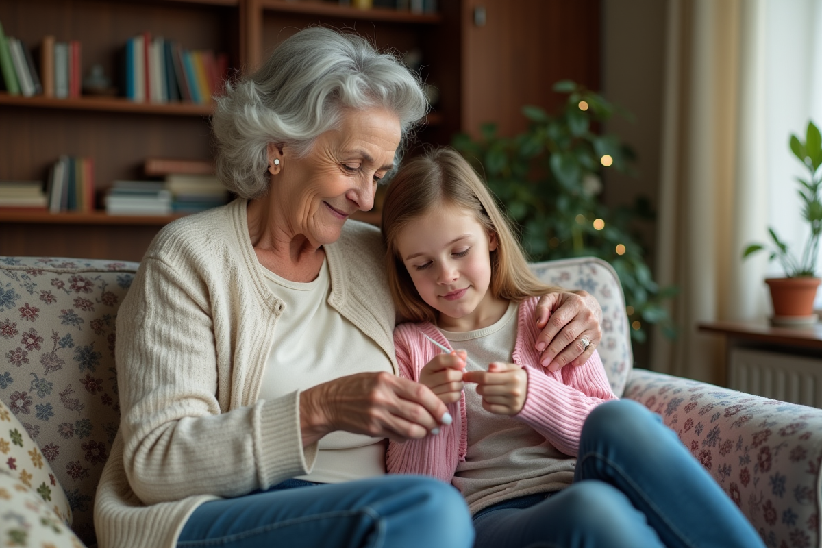 Grand-mere apprenant à sa petite fille à tricoter