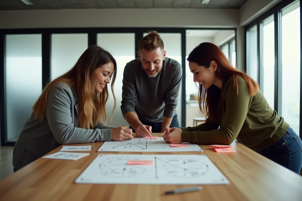 Groupe d'adultes collaborant autour d'énigmes de logique difficiles sur une grande table avec des puzzles et des notes colorées