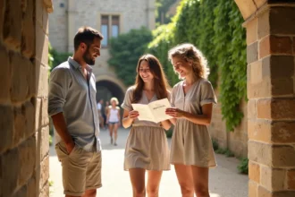 Groupe d'amis consultant le programme du festival de Luynes 2026 dans la cour du château en Touraine