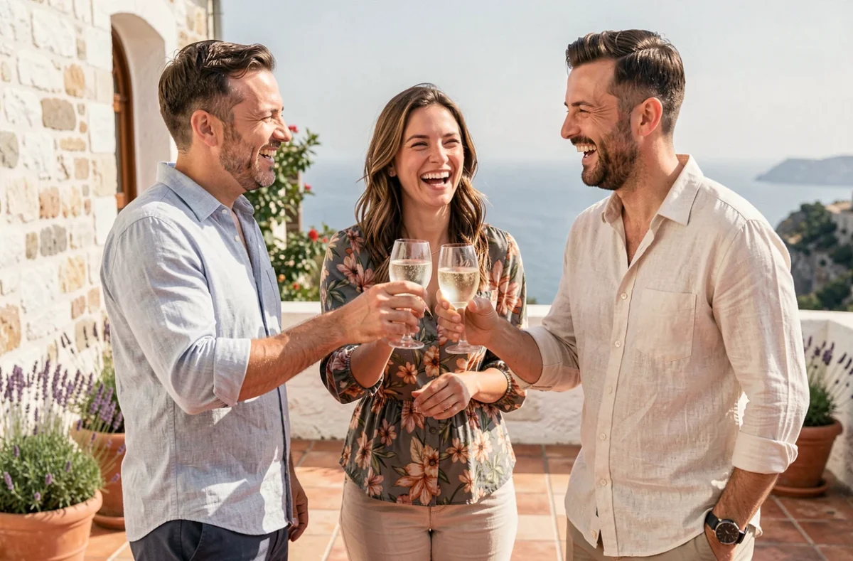 Groupe d'amis portant un toast sur une terrasse méditerranéenne ensoleillée pour célébrer les vacances