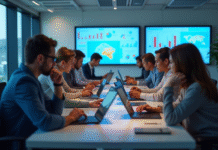 Groupe diversifié dans un bureau moderne avec écrans de données