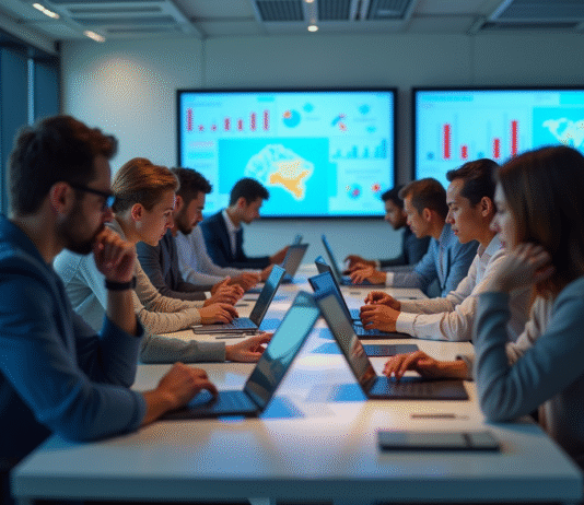 Groupe diversifié dans un bureau moderne avec écrans de données