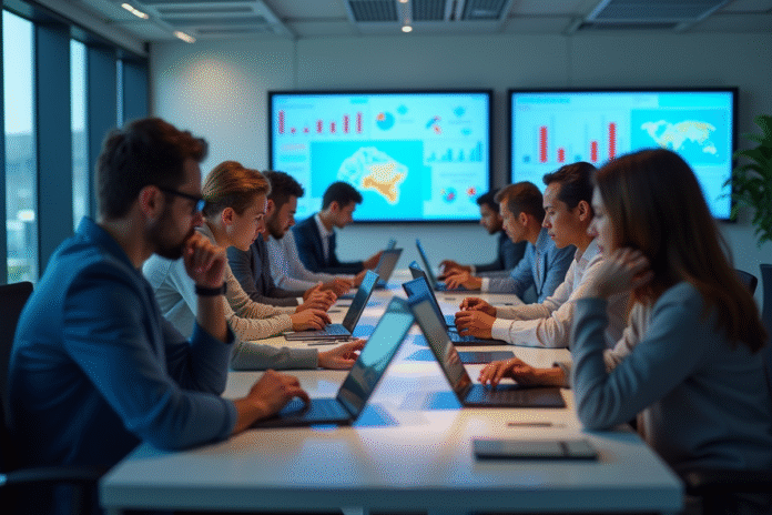 Groupe diversifié dans un bureau moderne avec écrans de données