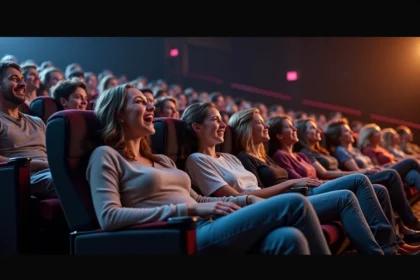 Groupe divers de jeunes dans un cinéma moderne surpris