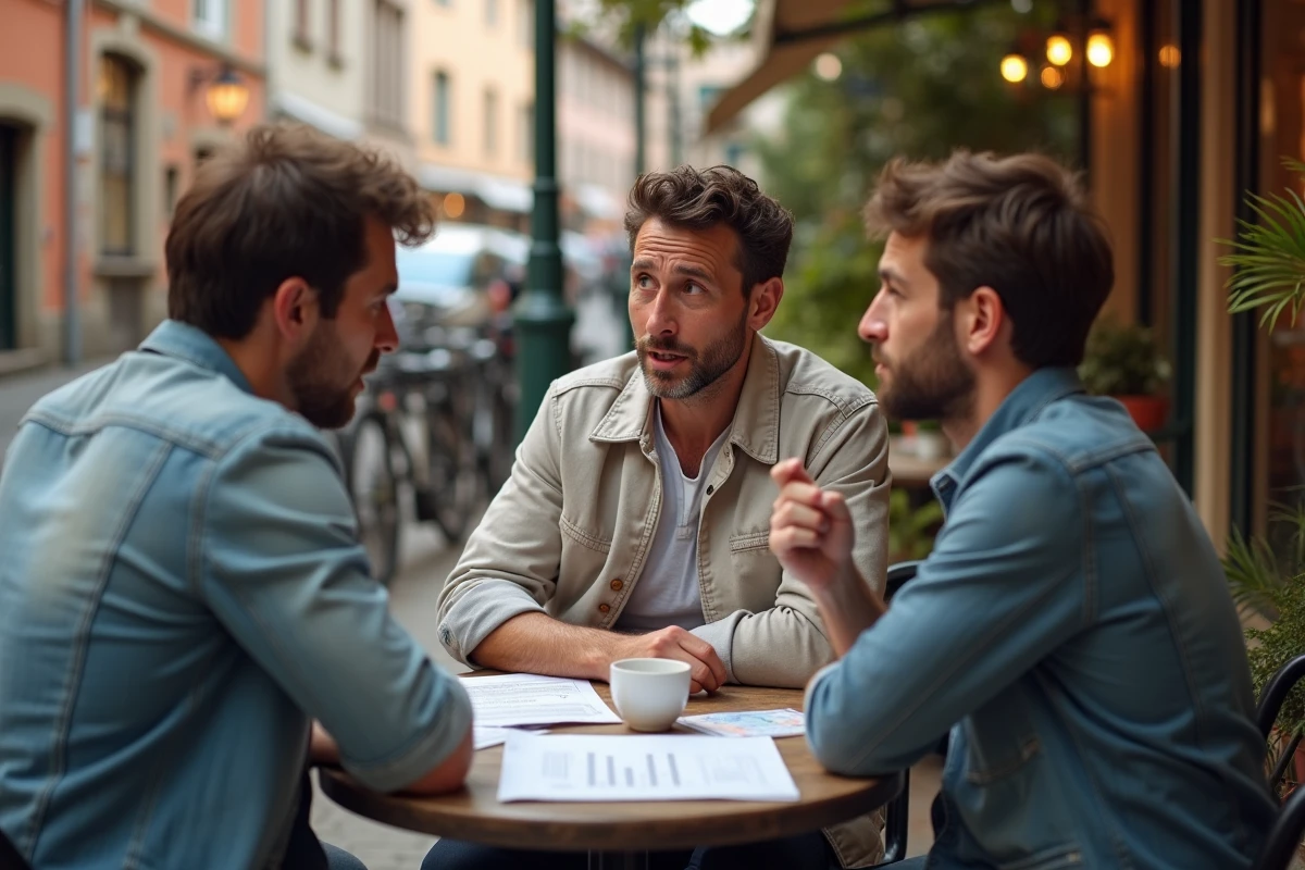 Groupe de nouveaux arrivants à Toulouse discutant d'un contrat de location en terrasse de café, conseils et erreurs à éviter