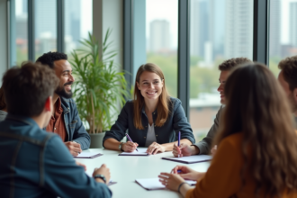 Groupe diversifié en réunion de bureau moderne