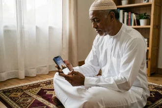 Homme consultant une application de prière sur smartphone assis sur un tapis de prière dans un appartement de Mantes-la-Jolie