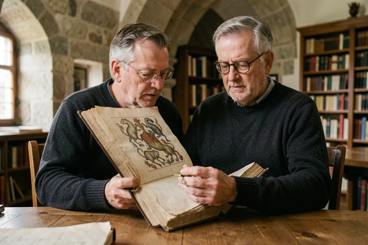Historien breton examinant un manuscrit ancien illustré de symboles héraldiques d'hermines