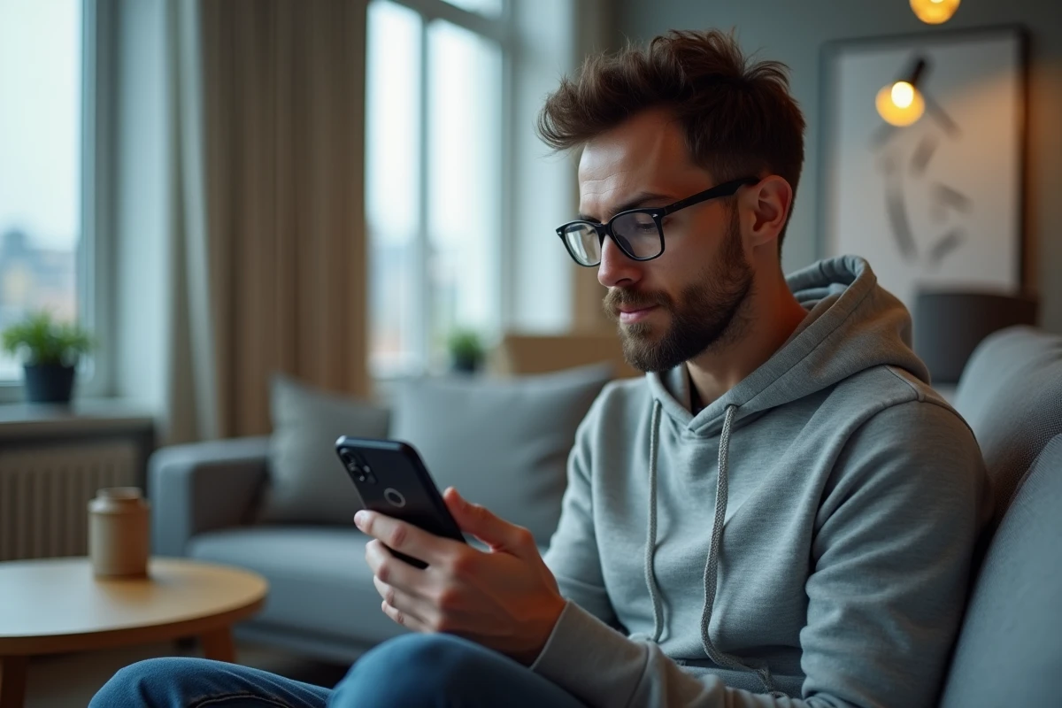 Homme utilisant un smartphone avec navigateur privé pour protéger son historique de lecture en ligne
