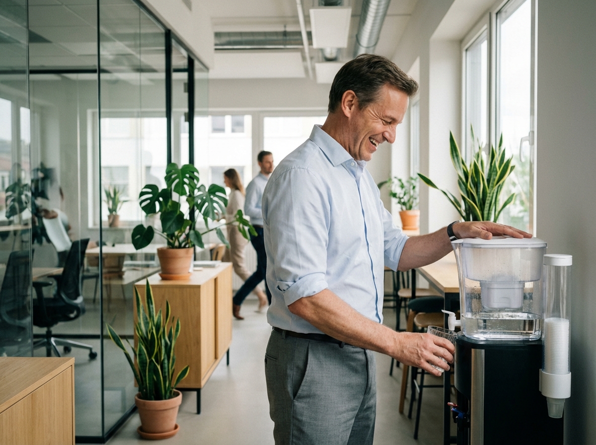 Homme d'affaires remplissant un verre d'eau