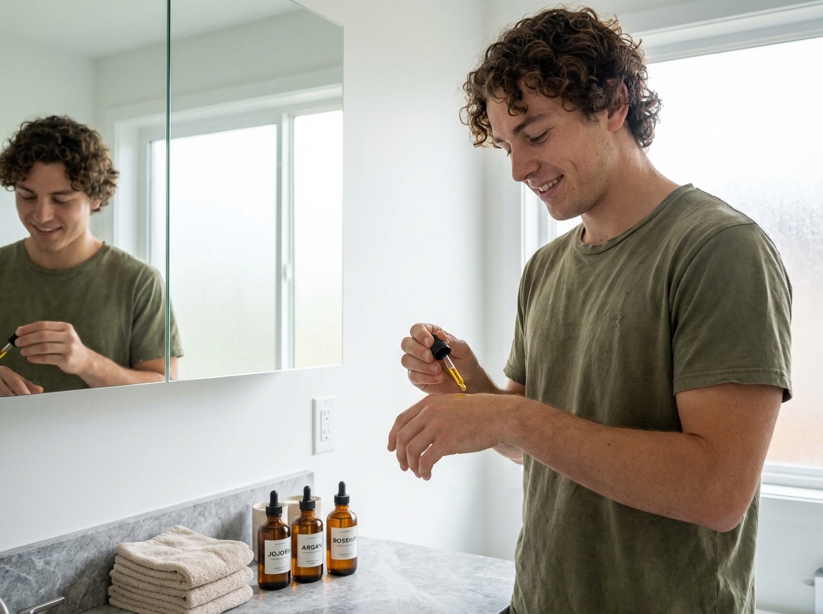 Jeune homme appliquant de l huile sur la main dans la salle de bain