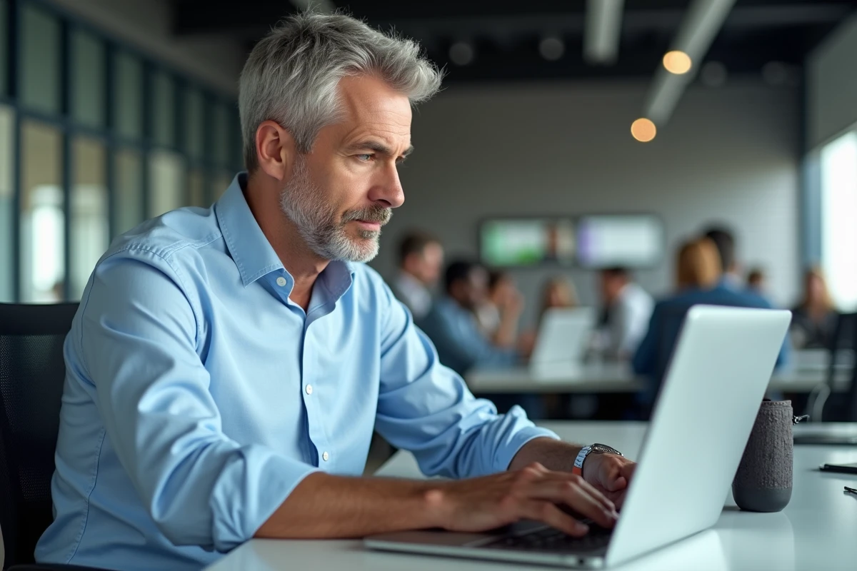 Homme au bureau utilisant un ordinateur portable pour effectuer une recherche par annuaire inversé afin d'identifier un numéro de téléphone